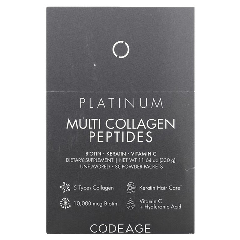 Мультиколлагеновые пептиды, биотин, кератин, витамин С Codeage Platinum, 30 пакетов