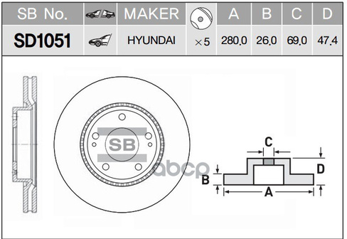 Диск Тормозной Hyundai Tucson 06-/I30 09-/Kia Ceed 06-/Sportage 04- Передний Sd1051 Sangsin brake арт. SD1051