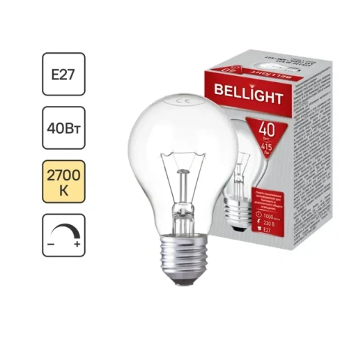 Лампа накаливания E27 40 Вт шар прозрачный, тёплый белый свет BELLIGHT