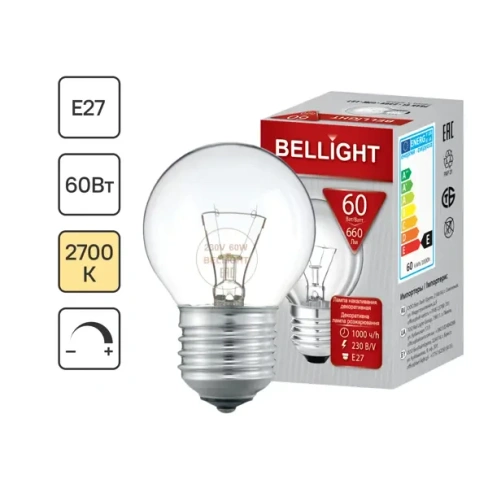Лампа накаливания Bellight Е27 220 В 60 Вт шар 660 лм теплый белый цвет света BELLIGHT Лампа ДШ 230-60 Е27 BL