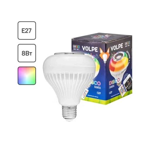 Лампа светодиодная Volpe Disco Е27 220 В 8 Вт 200 Лм, регулируемый цвет света RGB, Bluetooth, пульт ДУ VOLPE None