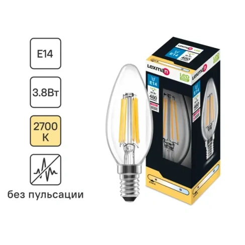 Лампа светодиодная Lexman E14 220-240 В 4 Вт свеча прозрачная 400 лм теплый белый свет LEXMAN None
