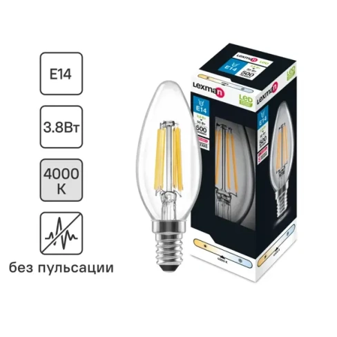 Лампа светодиодная Lexman E14 220-240 В 3.8 Вт свеча прозрачная 500 лм нейтральный белый свет LEXMAN None