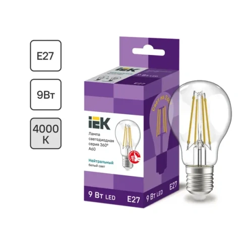 Лампа светодиодная IEK E27 175-250 В 9 Вт груша прозрачная 1080 лм нейтральный белый свет ЛАМПА LED A60 9ВТ 230В 4000К E