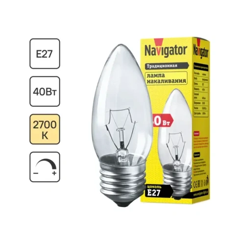 Лампа накаливания Navigator E27 230 В 40 Вт свеча 400 лм NAVIGATOR None