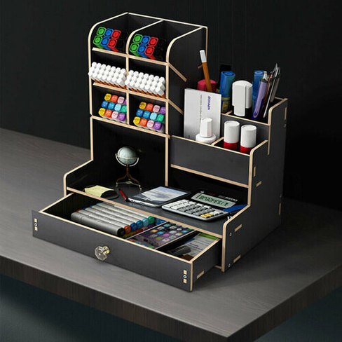 Настольный деревянный органайзер для канцелярии, подставка для карандашей и ручек, органайзер для косметики, черный цвет