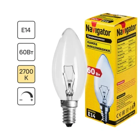 Лампа накаливания Navigator E14 230 В 60 Вт свеча прозрачная 660 лм теплый белый цвет света NAVIGATOR None