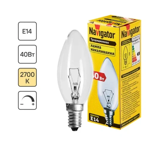 Лампа накаливания Navigator E14 230 В 40 Вт свеча прозрачная 400 лм теплый белый цвет света NAVIGATOR None