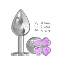 СУМЕРКИ БОГОВ - Средняя серебристая анальная втулка с клевером из кристаллов - 8,5х3.4 см (сиреневый)