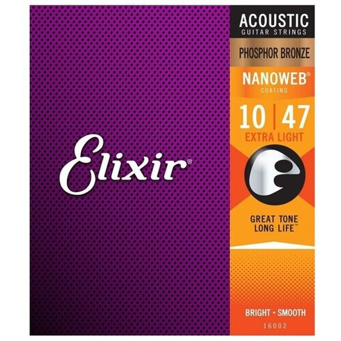 16002 NANOWEB Комплект струн для акустической гитары, Extra Light, фосфорная бронза, 10-47, Elixir ELIXIR