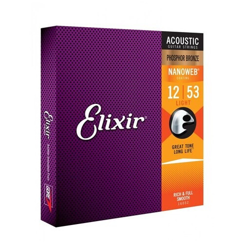 16052 NANOWEB Комплект струн для акустической гитары, Light, фосфорная бронза, 12-53, Elixir ELIXIR