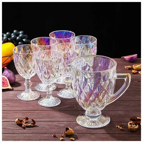 Набор для напитков из стекла «Круиз», 7 предметов: кувшин 1,1 л, 6 бокалов 300 мл, цвет перламутровый MikiMarket