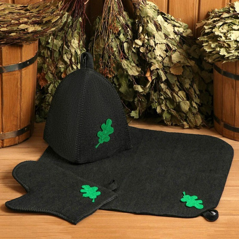 Набор для бани с аппликацией "Дубовый лист" шапка, рукавица, коврик (в пакете) 5290335