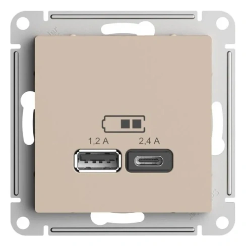 Розетка USB A+C 2-местная (2.4А и 1.2А) Schneider Electric (Systeme Electric) Atlas Design, песочный