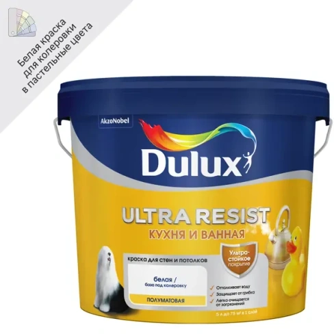 Краска для стен кухни и ванны Dulux Ultra Resist моющаяся полуматовая цвет белый база BW 5 л DULUX None